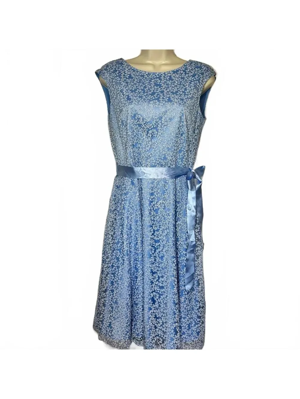 Tahari Sleeveless Carolina Blue White/Silver Sheer Overlay w Ribbon Sash | Sz 4 - Picture 2 of 13